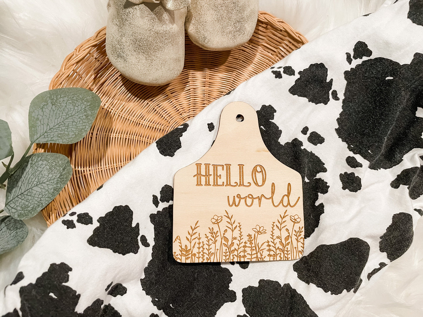 Floral Hello World Cow Tag Birth Announcement