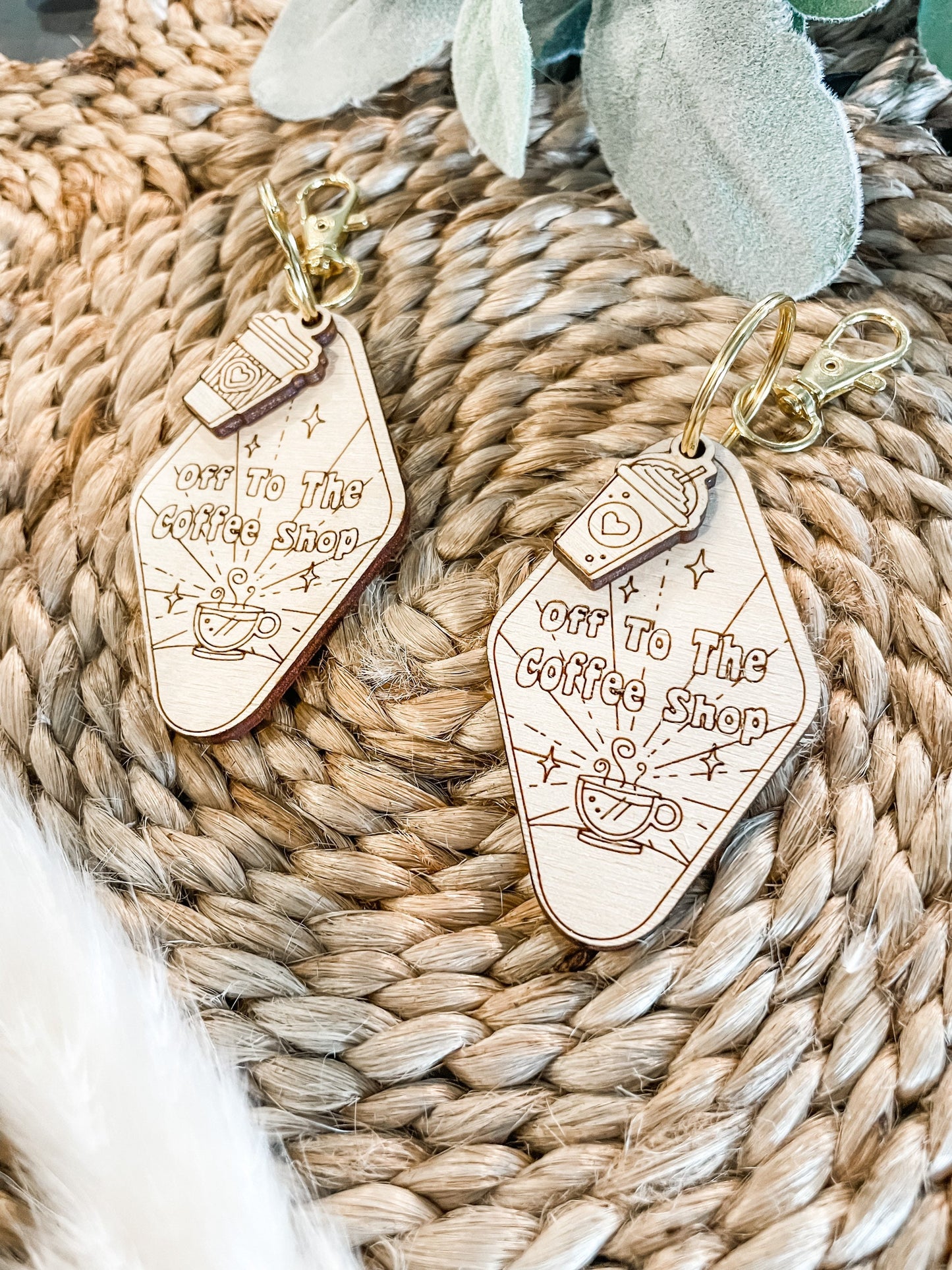 Off to the Coffee Shop Wooden Keychain Motel Keychain