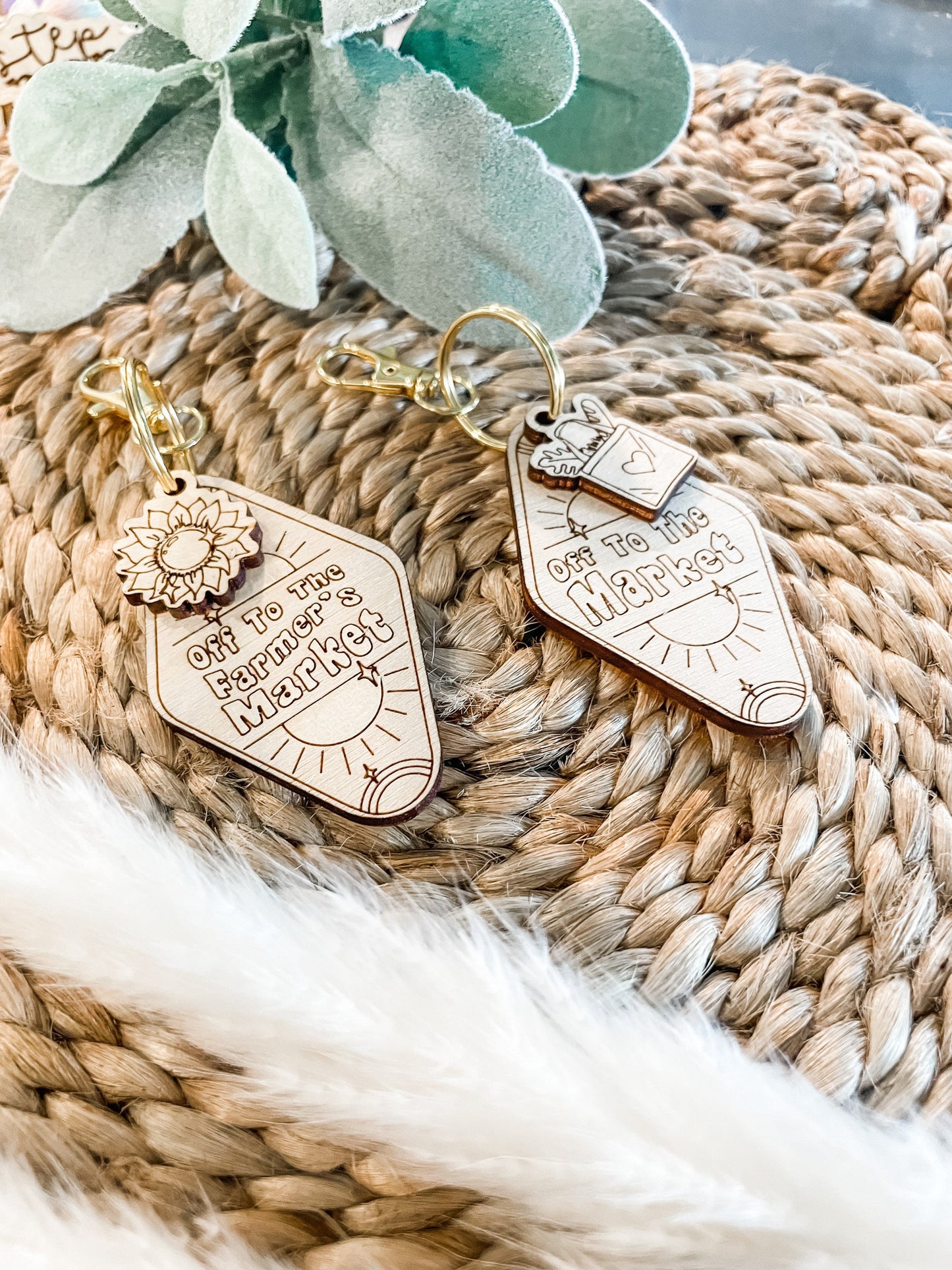 Off to the Farmers Market Wooden Keychain