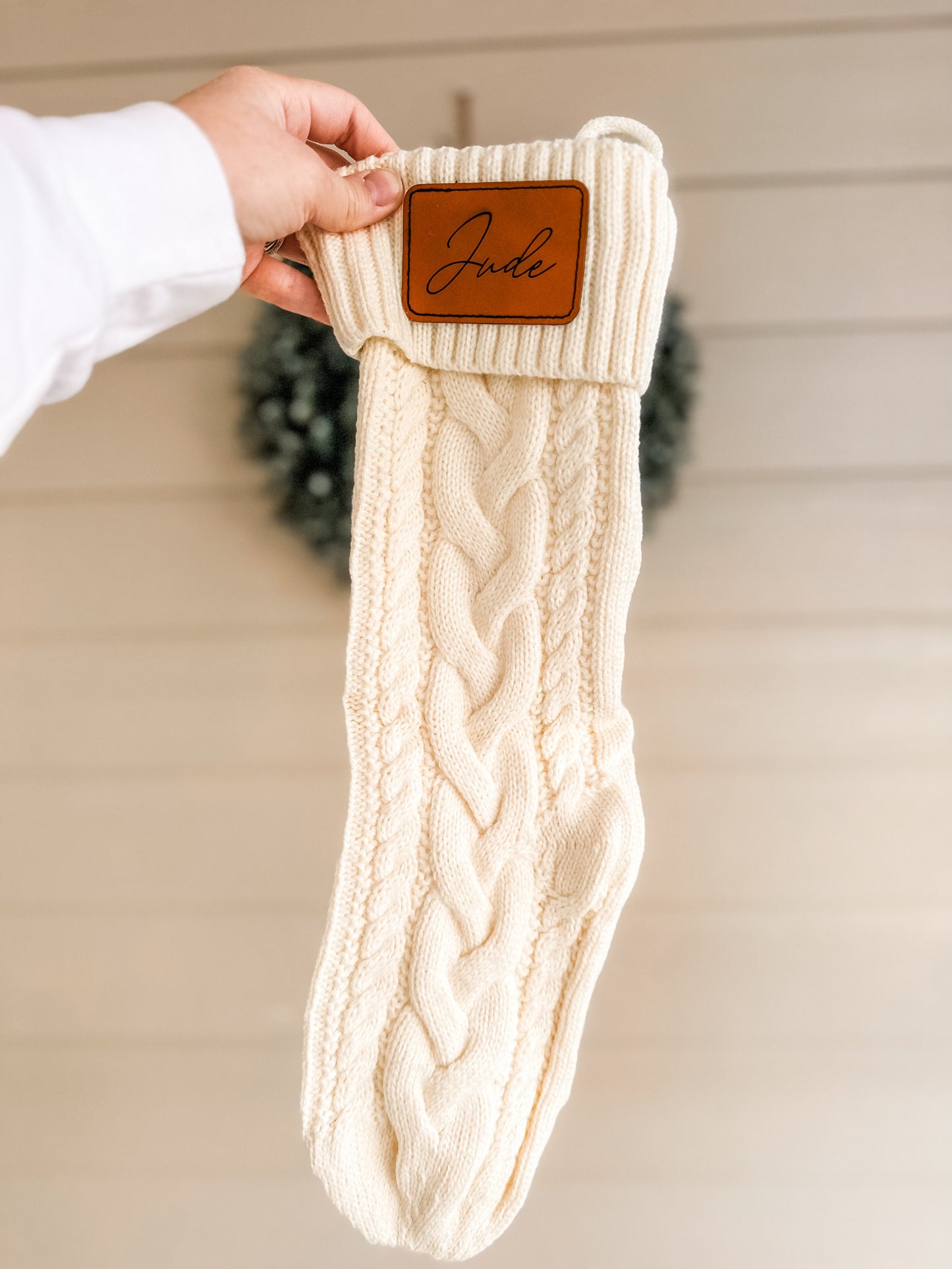 Personalized Christmas Stockings with Laser Engraved Leather Patch