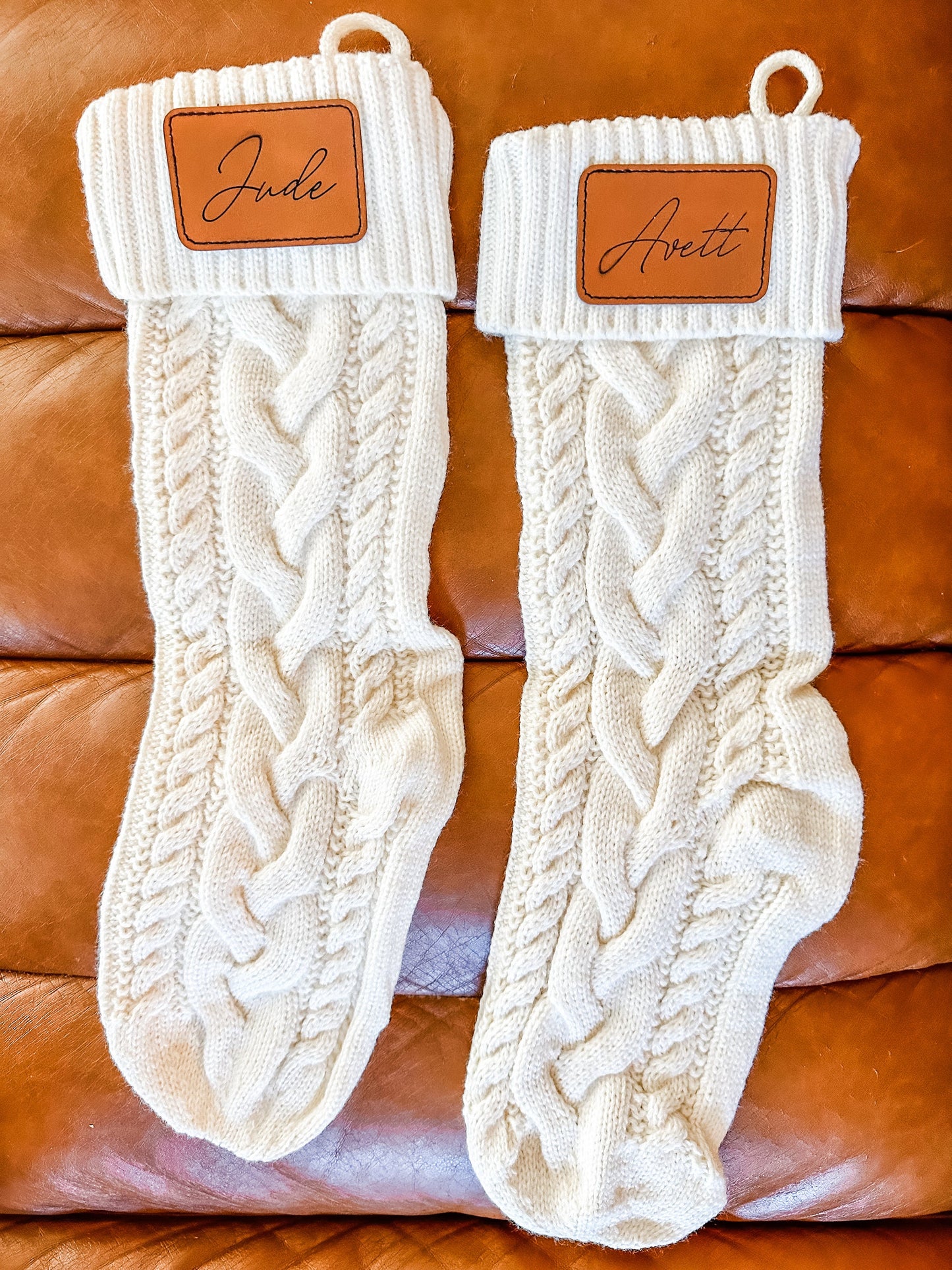 Personalized Christmas Stockings with Laser Engraved Leather Patch