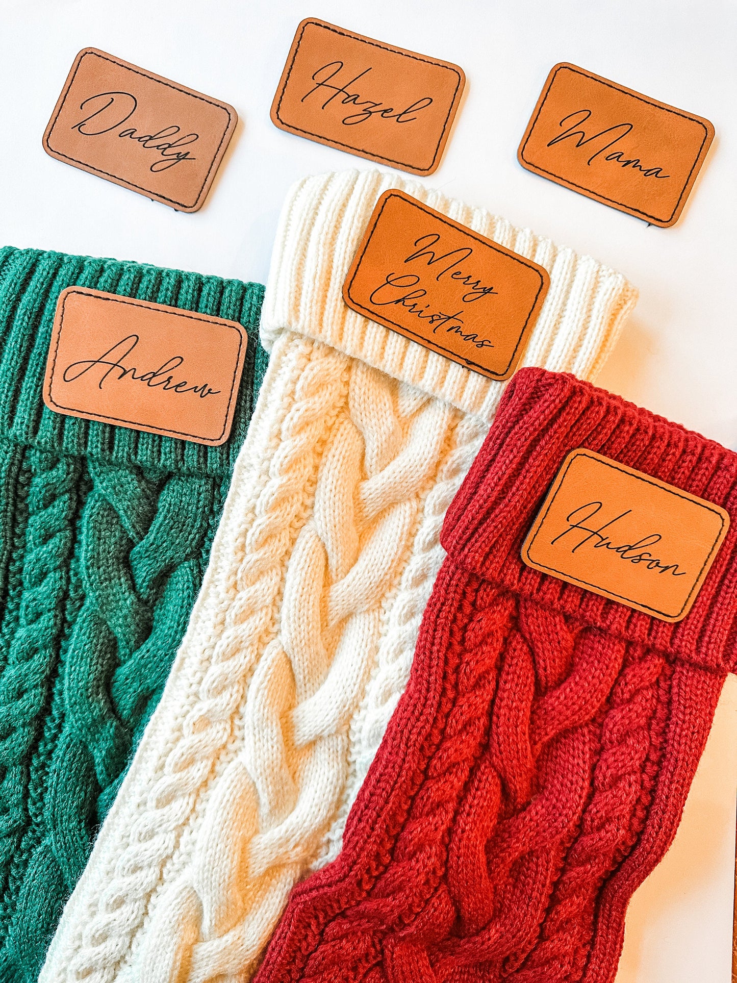 Personalized Christmas Stockings with Laser Engraved Leather Patch