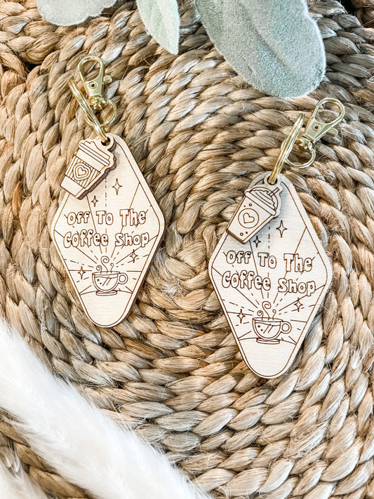 Off to the Coffee Shop Wooden Keychain Motel Keychain